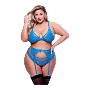 3pc Lace & Mesh Bra, Garter & Panty Set Blue, Queen