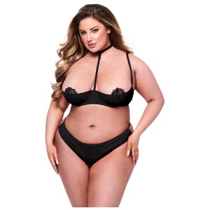 Baci 2pc Sexy Quarter Cup Bra & G-string Set Black, Queen