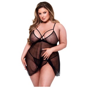 Baci 2pc Strappy Lace & Mesh Babydoll & G-string Set Black, Queen
