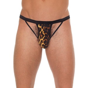 Mens Black G-string With Black Straps To Animal Print Pouch